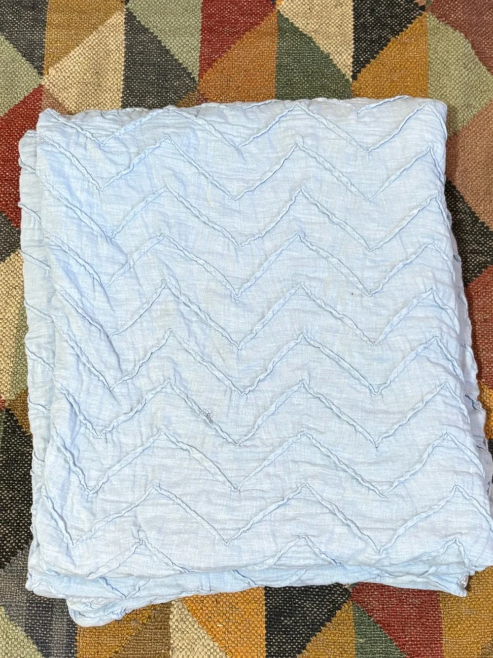 Anthropologie Twin Size Light Blue Chevron Quilted Duvet Cover Cotton